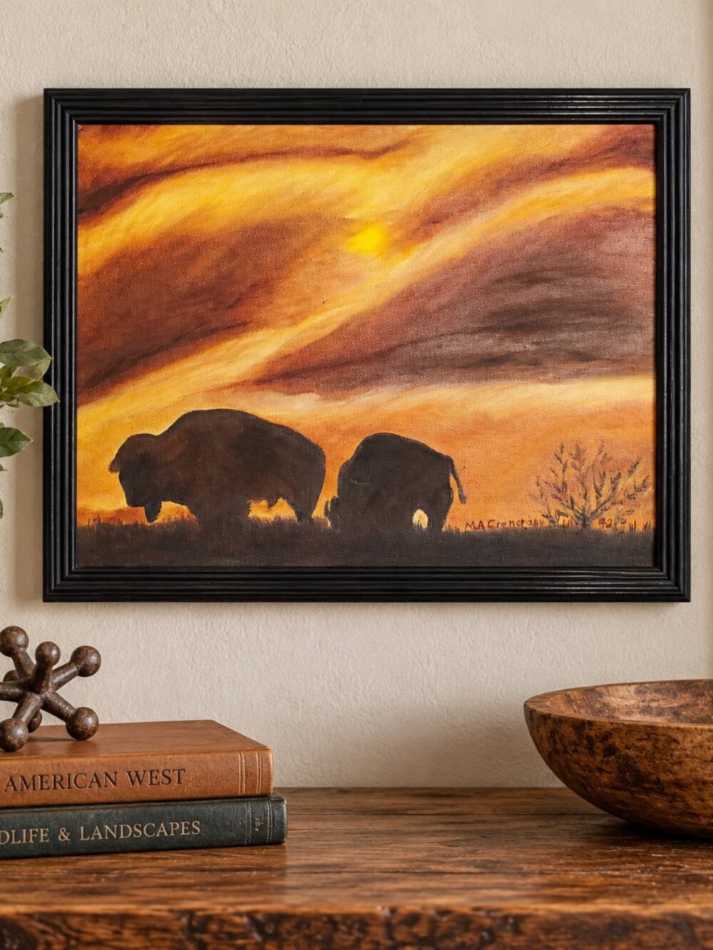 Vintage Bison Signed Canvas Painting 11x14 Framed Western Rustic Decor
